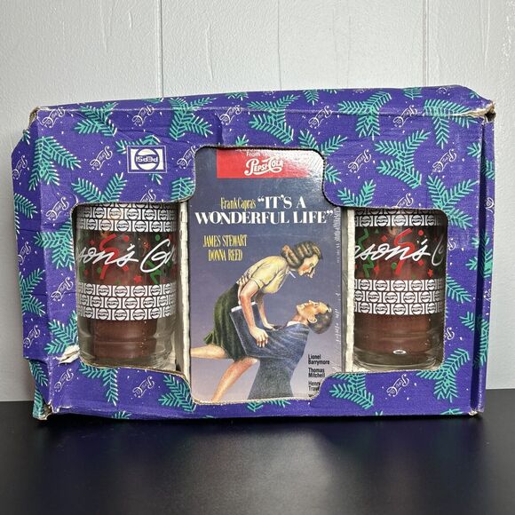 Vintage 1992 PEPSI "It's A Wonderful Life" Boxed Gift Set VHS Tape & 2 Glasses - Picture 1 of 12